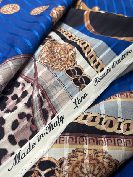 WC-7860W GOLDEN ROMAN HORSES PRINT SATIN STRIPE STRETCH WOOL. ITALY
