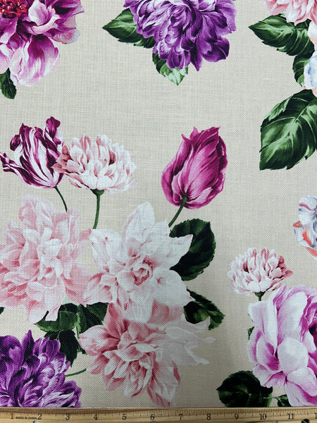 EU-7987W DESIGNER PEONY PRINT LINEN COTTON WITH FINE CHEVRONE TEXTURE. EMANUEL UNGARO. ITALY