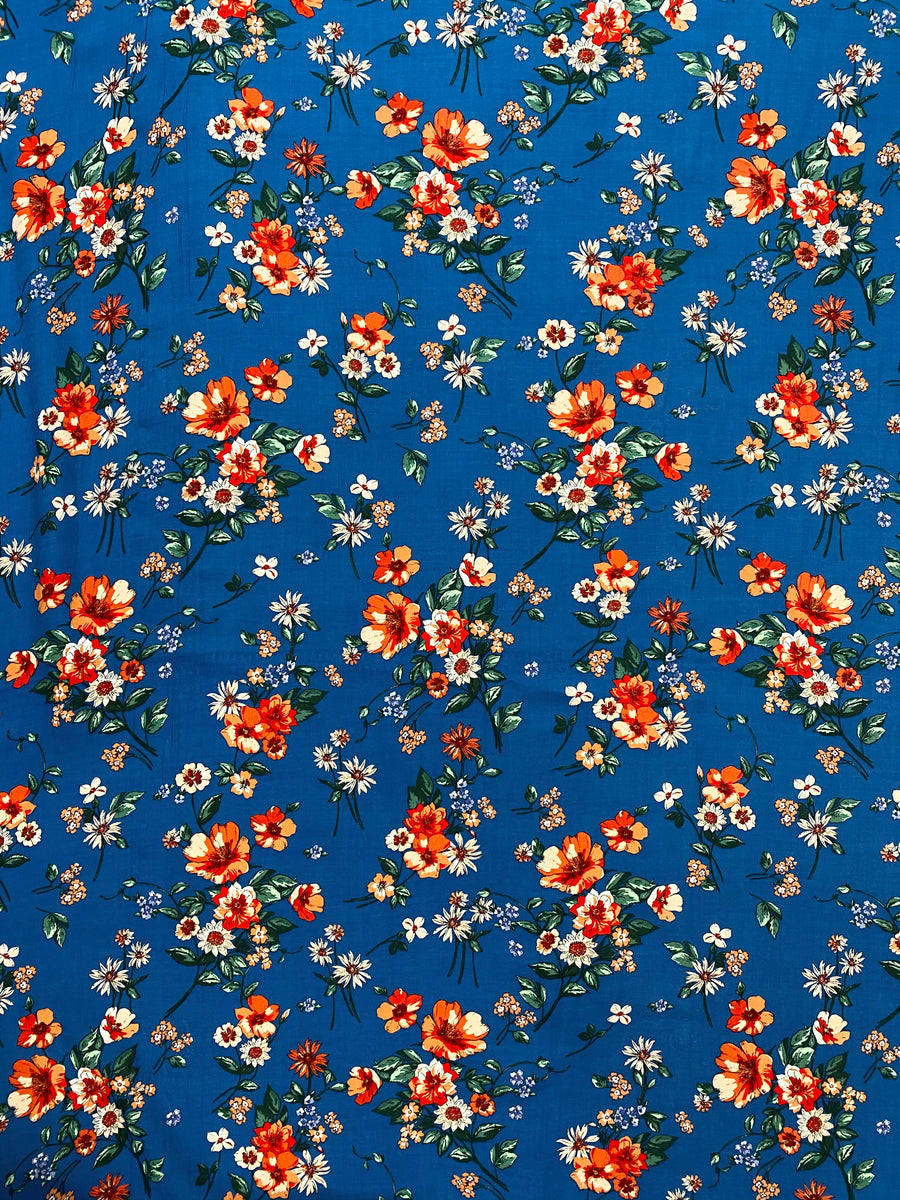 Navy Blue Ditsy Floral Printed Poly Moroccan Fabric by the 