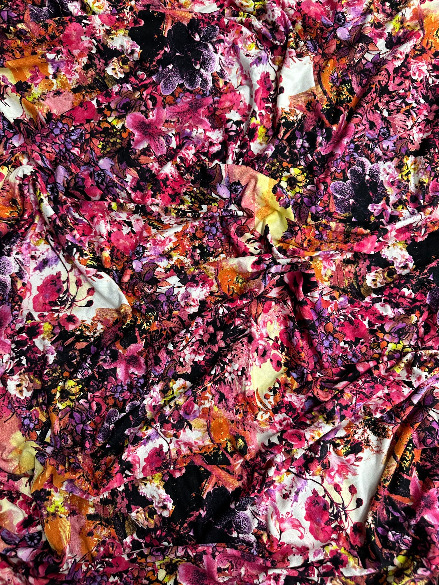 REF-120 FLORAL SCENERY PRINT VISCOSE JERSEY KNIT. ITALY. A CUT OF 2 YARDS.