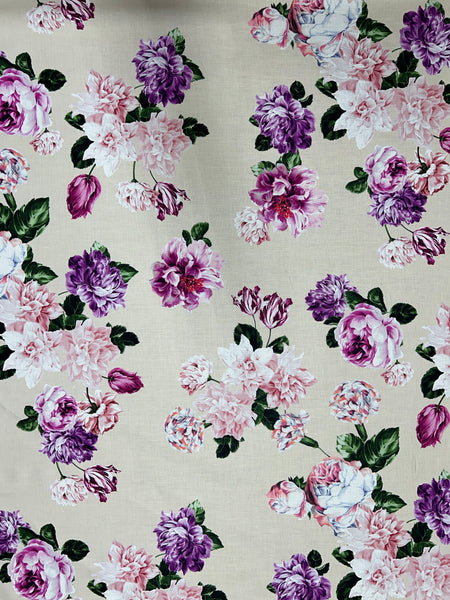 EU-7987W DESIGNER PEONY PRINT LINEN COTTON WITH FINE CHEVRONE TEXTURE. EMANUEL UNGARO. ITALY