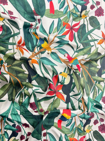 REF-104 TROPICAL PARROT PRINT SILK TWILL. ITALY. A CUT OF 7/8 OF A YARD.