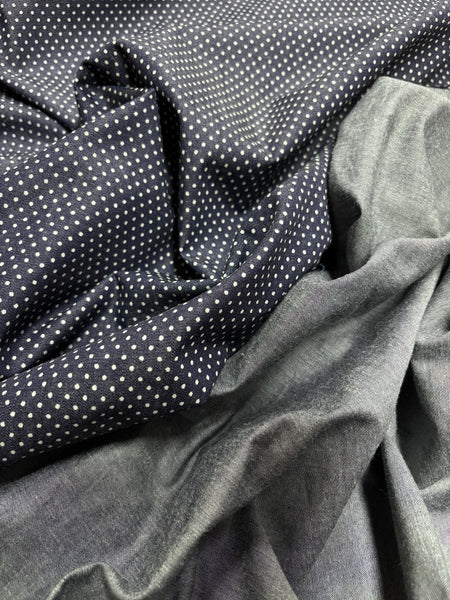 CD-9091W REVERSIBLE POLKA-DOT PRINT DENIM-LOOK COTTON CHAMBRAY. ITALY