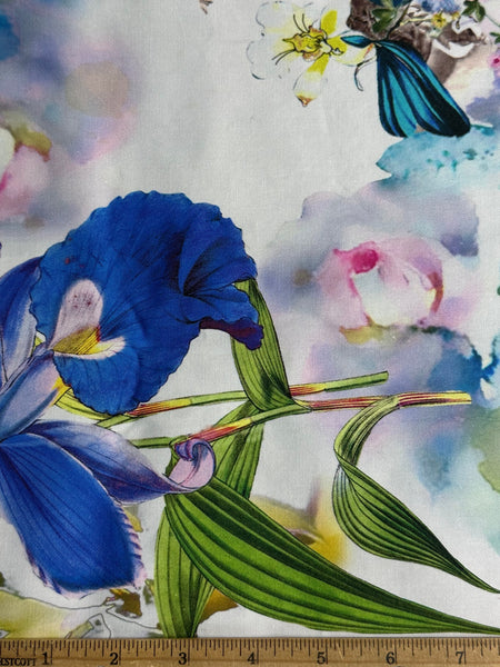 REF-118 WATER COLOR IRIS PRINT STRETCH COTTON SATEEN. ITALY. A CUT OF 1-1/2 YARDS.