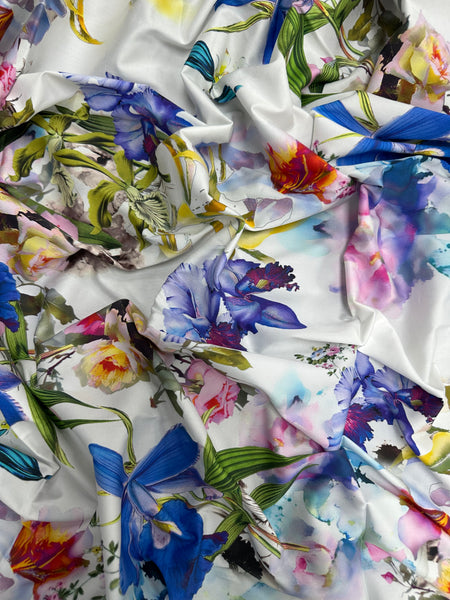 REF-118 WATER COLOR IRIS PRINT STRETCH COTTON SATEEN. ITALY. A CUT OF 1-1/2 YARDS.