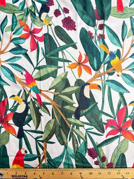 REF-104 TROPICAL PARROT PRINT SILK TWILL. ITALY. A CUT OF 7/8 OF A YARD.
