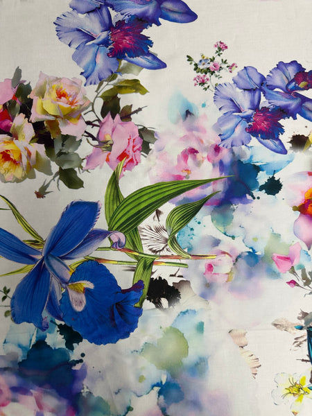 REF-118 WATER COLOR IRIS PRINT STRETCH COTTON SATEEN. ITALY. A CUT OF 1-1/2 YARDS.