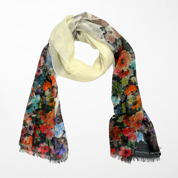 DS-1024 “FROSTED GARDEN" - JONATHAN SAUNDERS FLORAL PRINT CASHMERE WOOL SILK SCARF. MADE IN ITALY