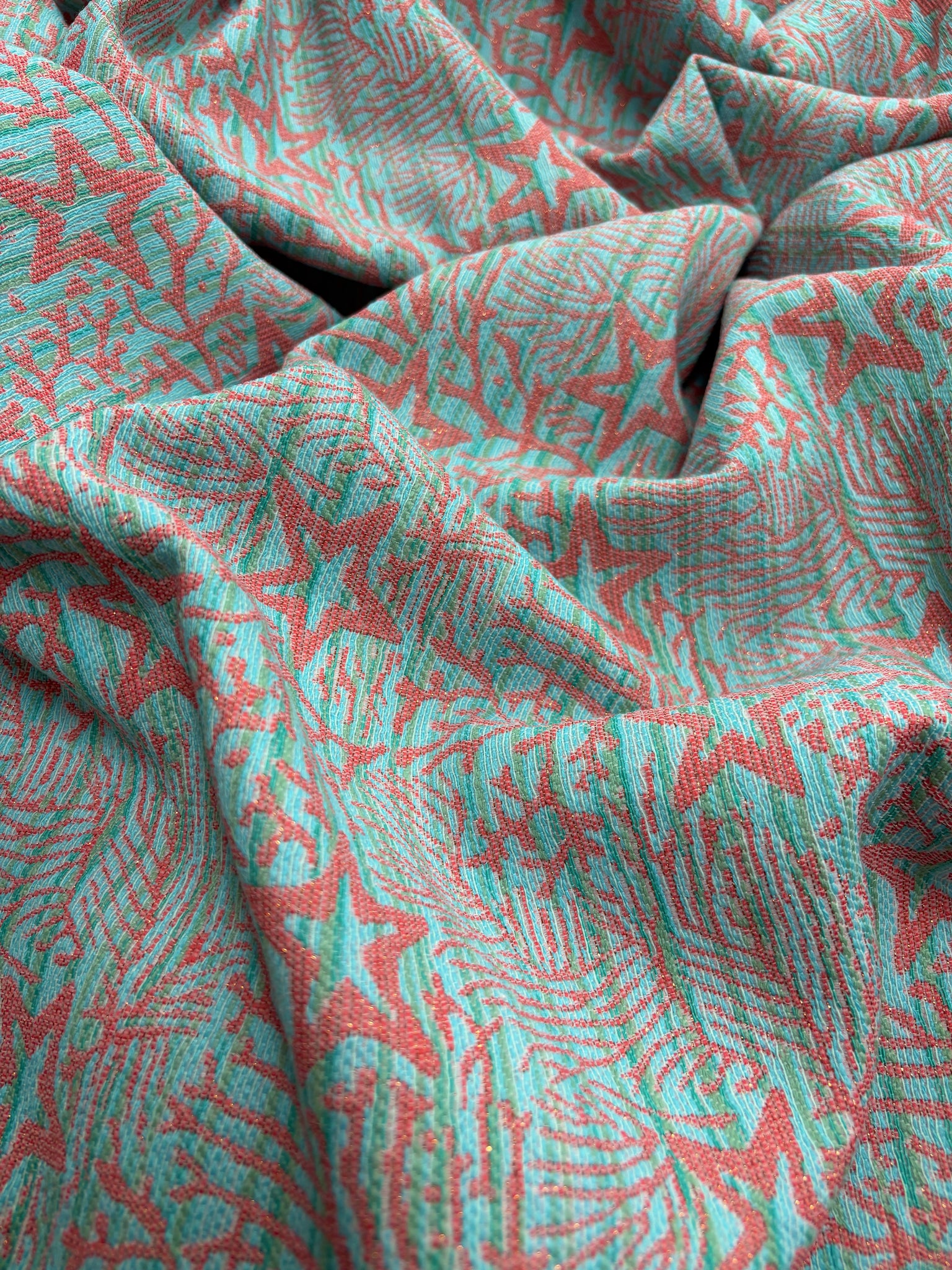 REF-102W REVERSIBLE METALLIC CORAL REEF DESIGN JACQUARD. FRANCE. A CUT OF 2.5 YARDS
